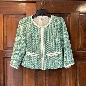 CAbi Clover Tweed Jacket Green & White Size 6 Style # 726 Front Zip Office